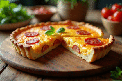 Quiche au chorizo et fromage sur table en bois rustique