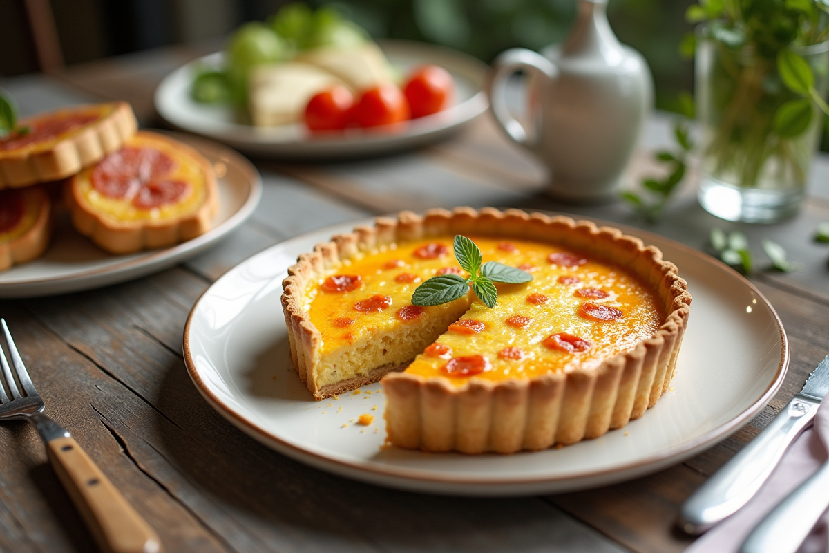 Partage de quiche au chorizo et fromage sur table lumineuse