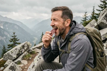 Randonneur assis sur un rocher en montagne mangeant du beef jerky comme encas énergétique lors d'une longue randonnée