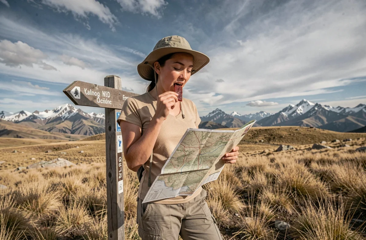 Randonneuse consultant une carte topographique en altitude tout en mangeant du beef jerky lors d'un trek en haute montagne