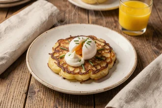 Râpé de pommes de terre doré servi avec un œuf poché et crème fraîche sur une table en bois rustique pour un brunch dominical