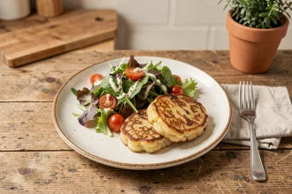 Assiette de rapée de pomme de terre dorée accompagnée d'une salade verte fraîche sur une table en bois rustique