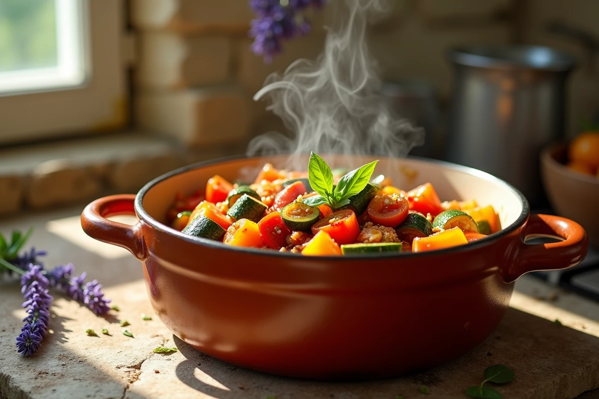 Ratatouille maison avec courgettes, poivrons et tomates dans une cocotte en terre cuite style provençal