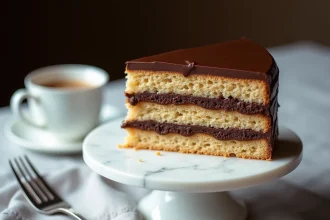 Tranche d'opéra pâtissier posée sur un présentoir en marbre blanc avec couches distinctes de crème au beurre café et ganache chocolat