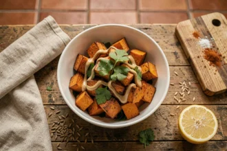 Bol de patate douce rôtie garnie de coriandre fraîche et de tahini sur une table en bois rustique, recette rapide prête en 20 minutes