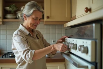 Femme ajustant le thermostat de son four à 180 degrés dans une cuisine domestique