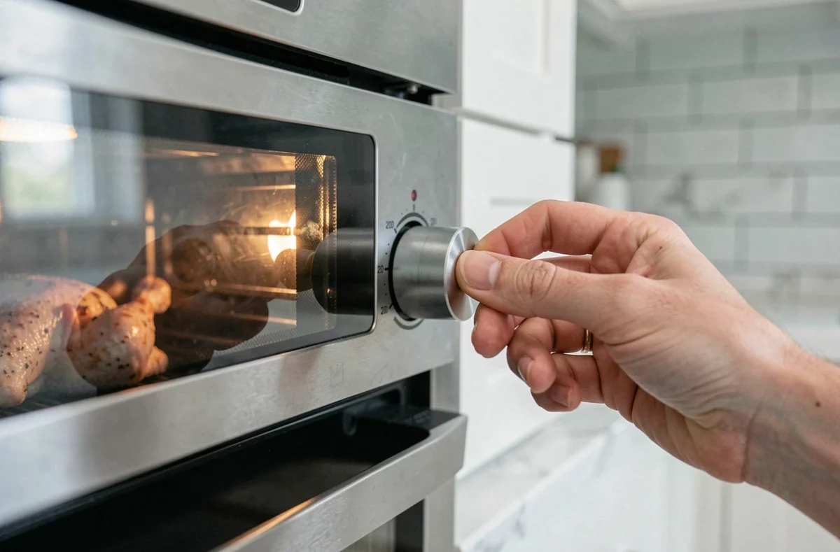 Main réglant le thermostat du four à 200 degrés pour la cuisson d'un poulet, avec volaille visible en arrière-plan