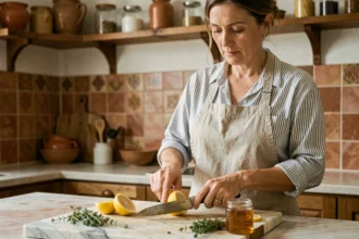 Femme en tablier de lin coupant un citron frais sur un plan de travail en marbre dans une cuisine méditerranéenne, entourée d'herbes fraîches et de miel pour réinventer une recette classique au citron