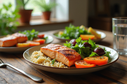Repas équilibré avec saumon grillé et légumes colorés