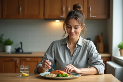 Femme préparant un repas équilibré le soir avec saumon, brocoli et quinoa sur une table en bois