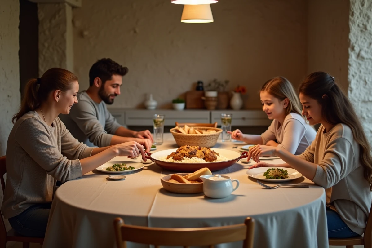 Repas en famille autour d'un plat de blanquette de veau avec riz et baguette sur une grande table en bois dans une salle à manger conviviale