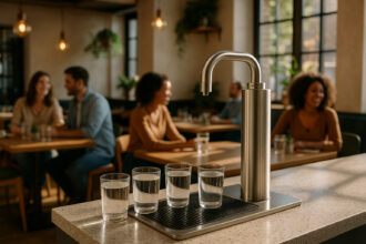 Intérieur moderne d'un restaurant avec fontaine à eau et clients heureux