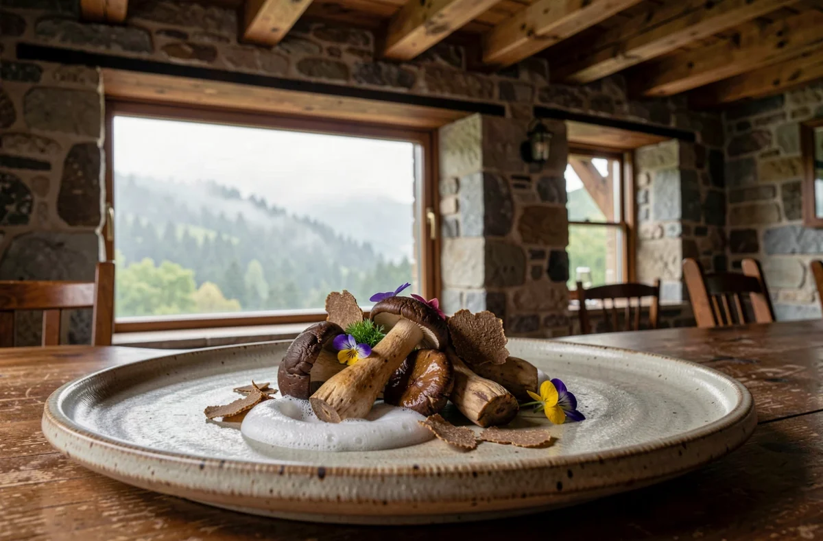 Assiette de champignons sauvages et truffe du Restaurant Marcon à Saint-Bonnet-le-Froid, dressée sur céramique artisanale dans un décor en pierre et bois