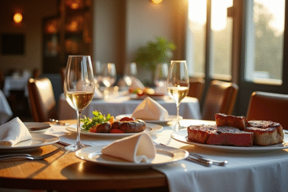 Table élégante dans un restaurant à Rennes avec vins et viandes