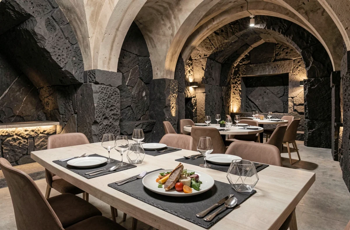 Salle du Restaurant Serge Vieira à Chaudes-Aigues, intérieur moderniste en basalte volcanique avec table dressée et assiette gastronomique contemporaine