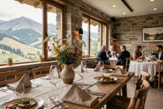 Salle de restaurant gastronomique en Auvergne-Rhône-Alpes avec vue sur les collines volcaniques, table dressée et décor alliant pierre et modernité