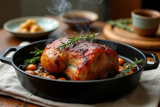 Rôti de porc au fond de veau préparé au Cookeo dans une cocotte en fonte sur une table rustique en chêne