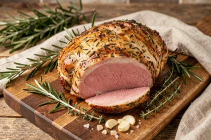 Rôti de porc en croûte d'herbes tranché sur une planche en bois rustique avec romarin et thym frais