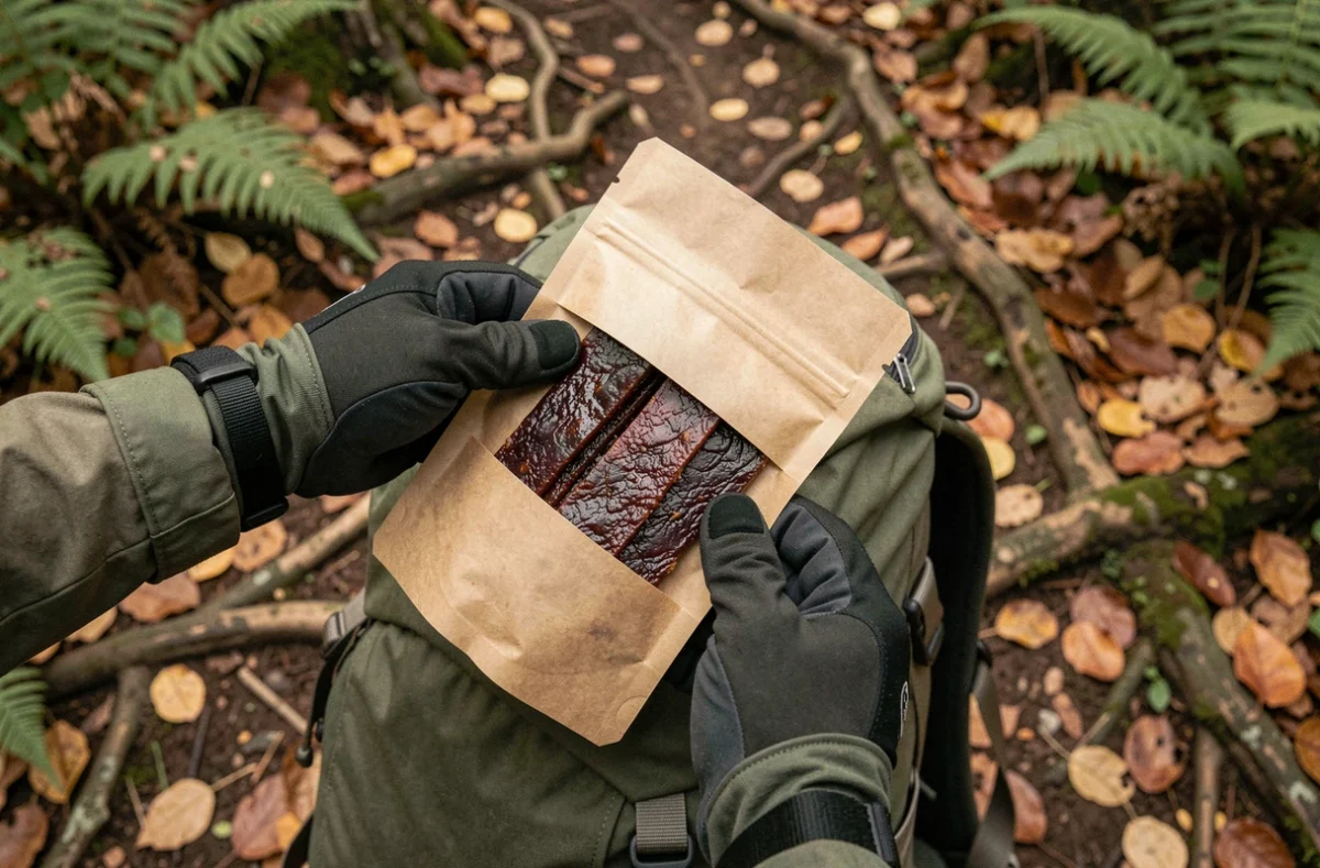 Gros plan sur un sachet de beef jerky ouvert posé sur un sac à dos de randonnée au milieu d'un sentier forestier en automne