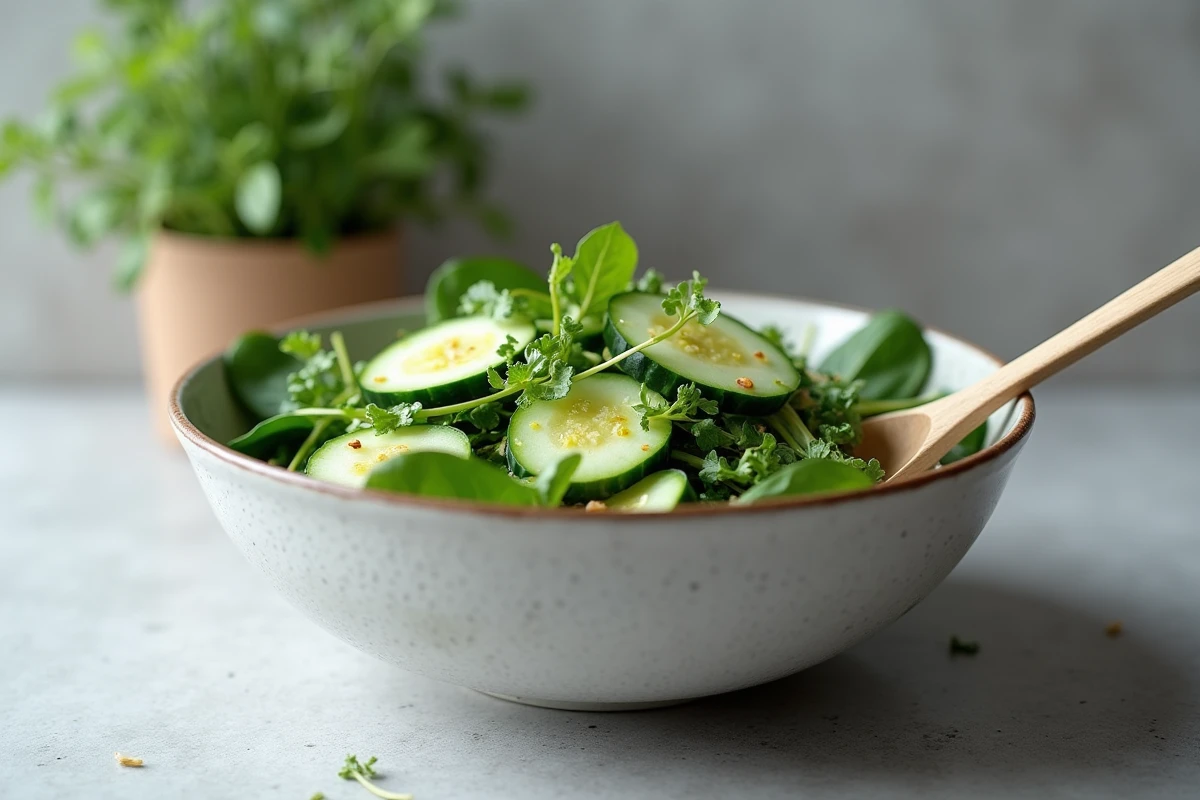 Salade composée de légumes en S pour régime léger : épinards, concombre et chou de Savoie dans un bol moderne