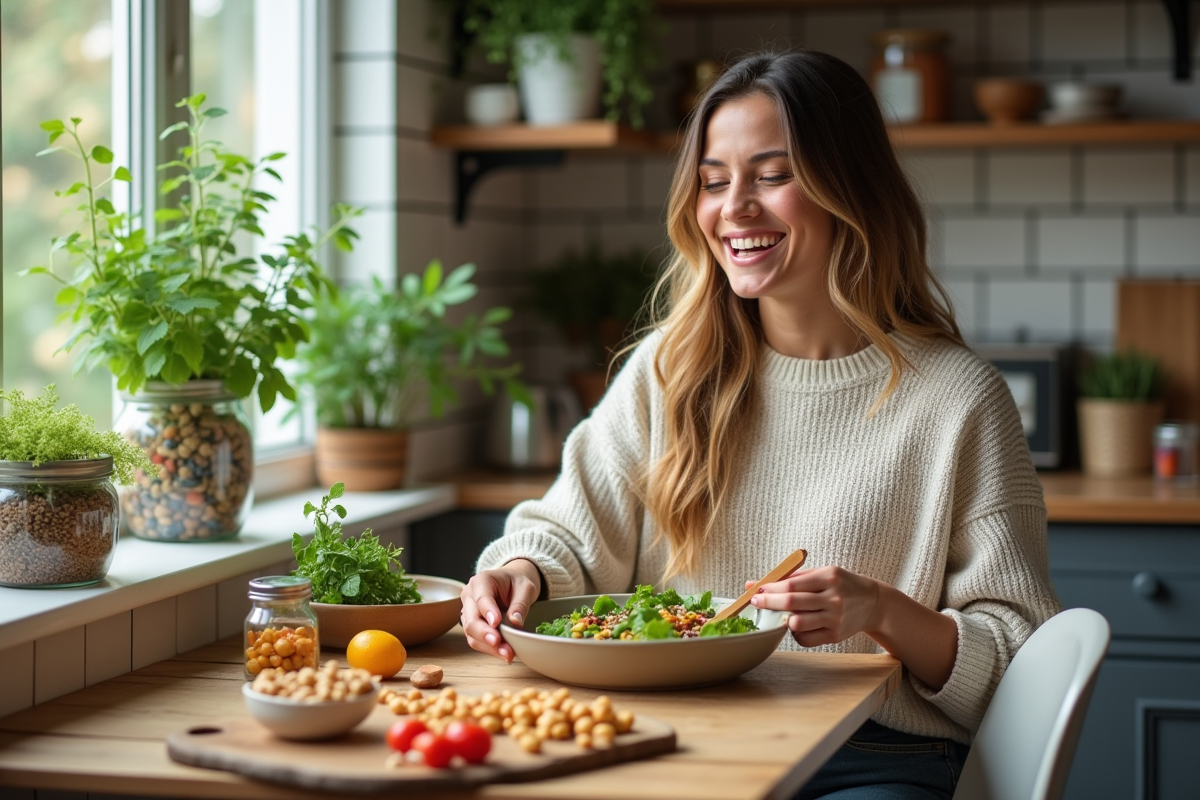 Jeune femme préparant une salade de légumineuses fraîches