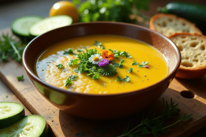 Bol de gaspacho de courgettes frais et coloré avec herbes
