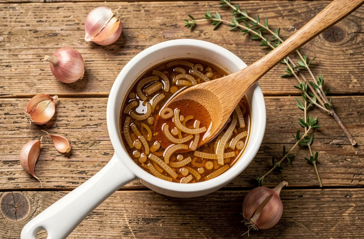 Vue du dessus d'une sauce à l'échalote réduite dans une casserole en céramique blanche sur un plan de travail en chêne