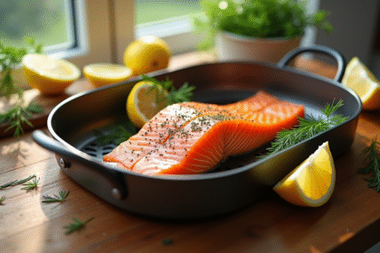 Filet de saumon cuit dans un air fryer avec citron et aneth