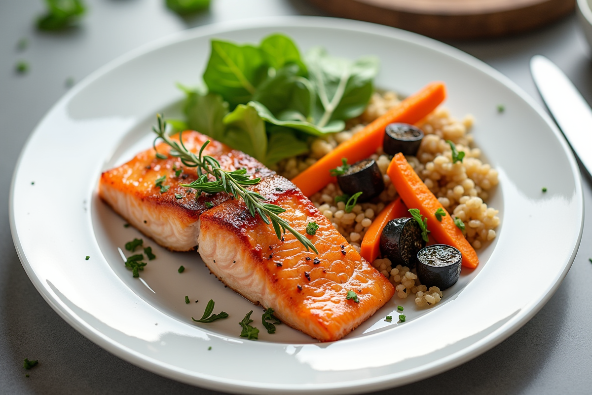 Saumon cuit avec légumes et quinoa sur une assiette blanche