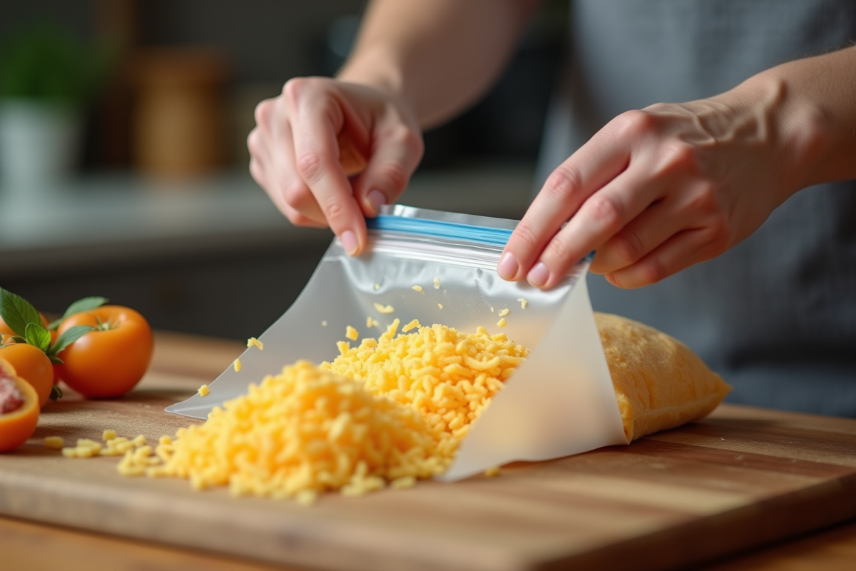 Mains scellant du fromage râpé dans un sac sous vide sur un plan de travail en bois