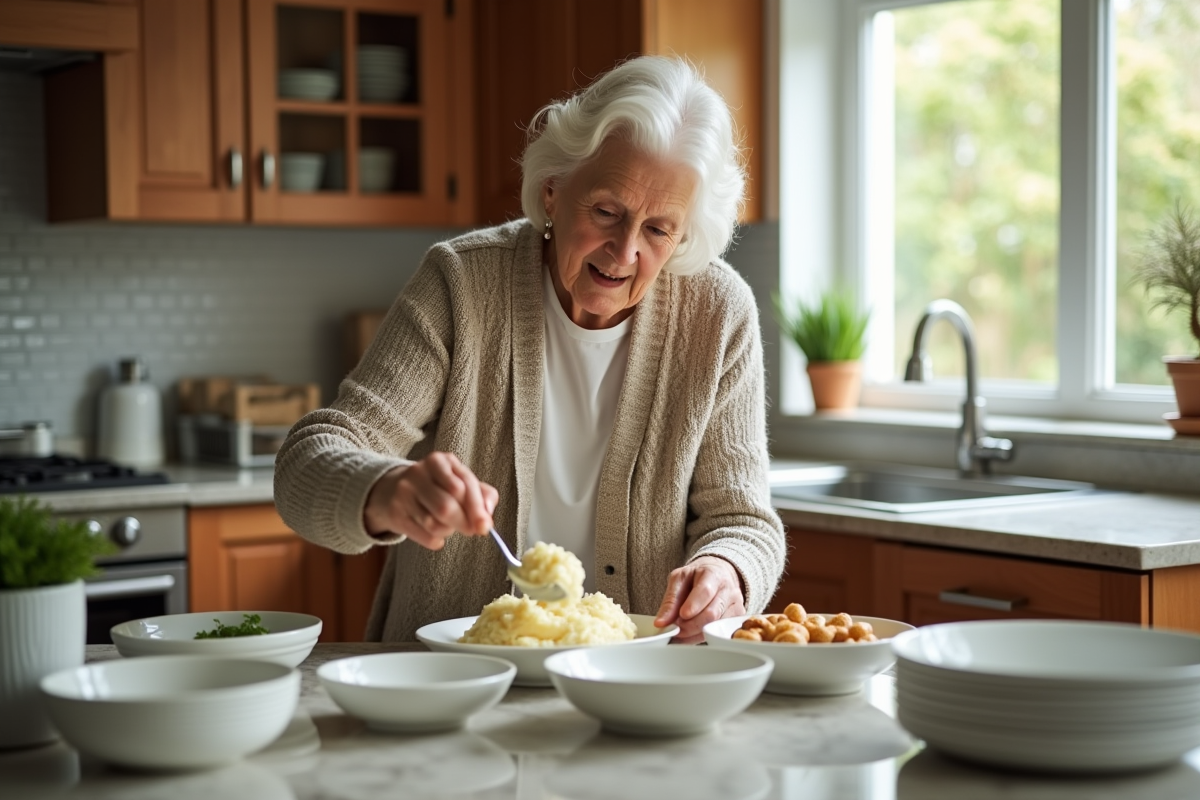Seniore servant des purées dans une cuisine lumineuse