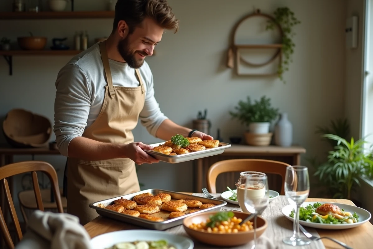 Jeune homme servant des escalopes de poulet lors d’un repas convivial