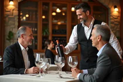 Sommelier présentant une bouteille rare à un couple élégant