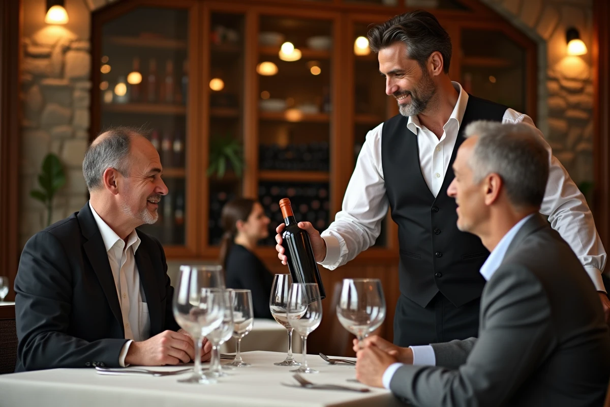 Sommelier présentant une bouteille rare à un couple élégant