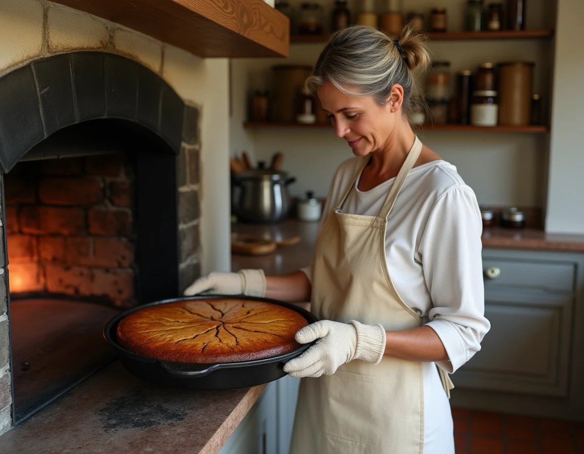 Femme sortant un gâteau crème de marrons chocolat du four traditionnel en fonte dans une cuisine française rustique
