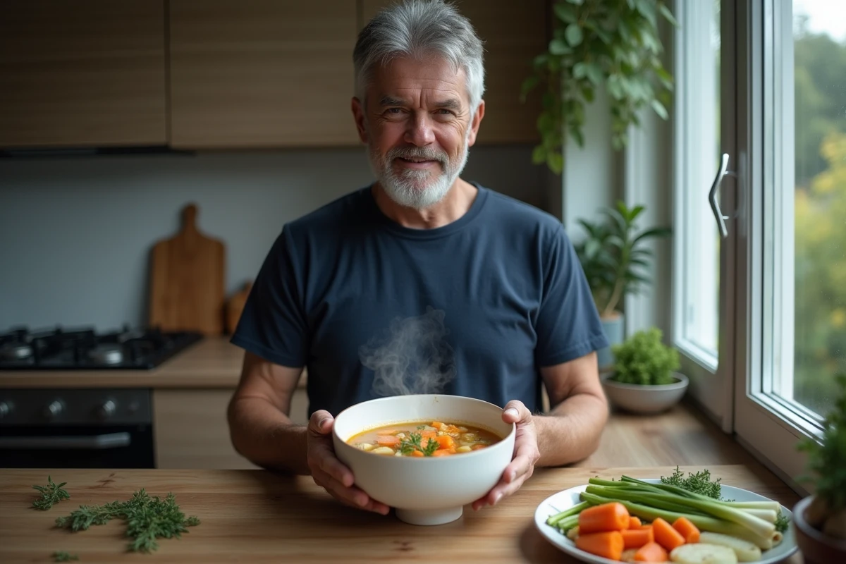 Homme tenant un bol de soupe de légumes maison avec carottes et poireaux dans une cuisine minimaliste