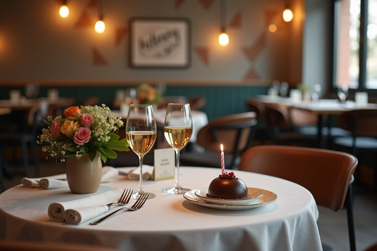 Table d'anniversaire élégamment dressée dans un restaurant contemporain à Toulouse avec dessert et coupe de champagne