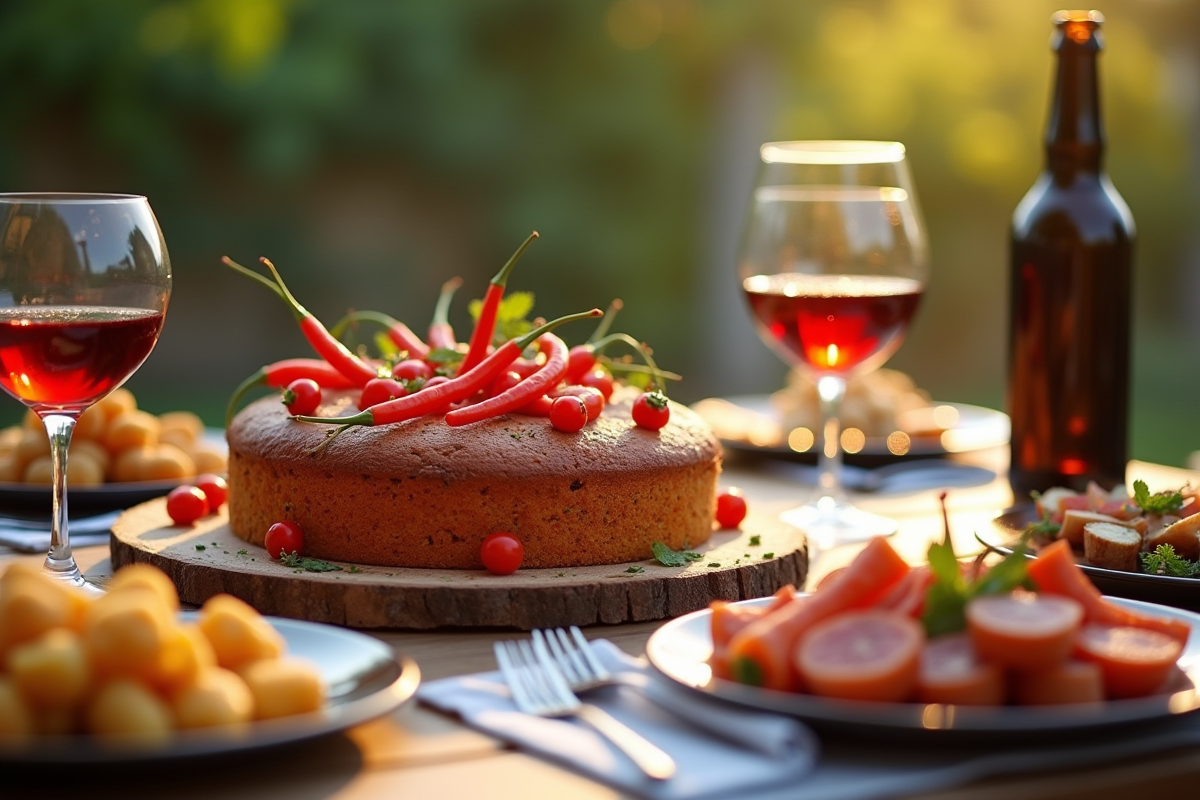 Table d apéritif en extérieur avec cake aux poivrons et tapas colorés