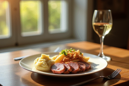 Table en bois avec boudin blanc et vin blanc naturel