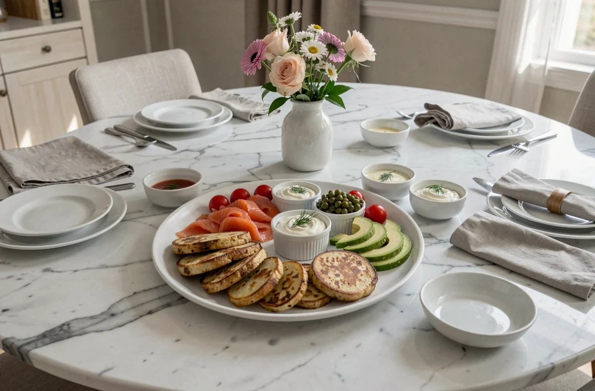 Table de brunch du dimanche avec râpé de pommes de terre, saumon fumé, avocat et accompagnements sur marbre blanc
