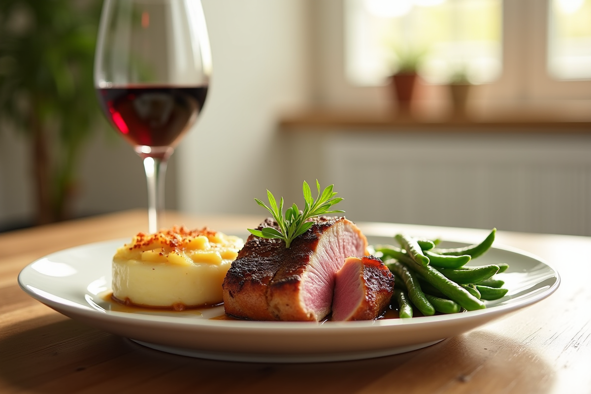 Table de dîner avec canard, gratin et légumes dans une cuisine lumineuse