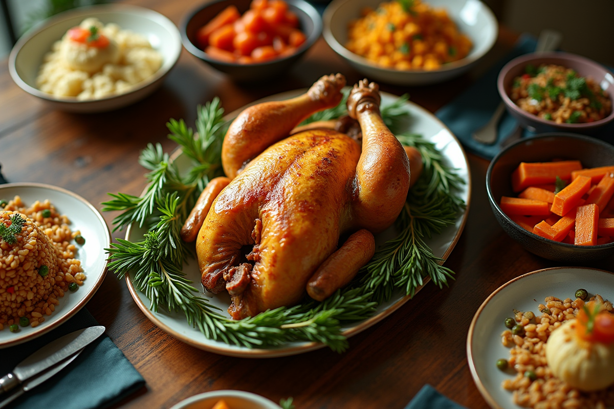 Table de fête avec poulet doré et plats créatifs