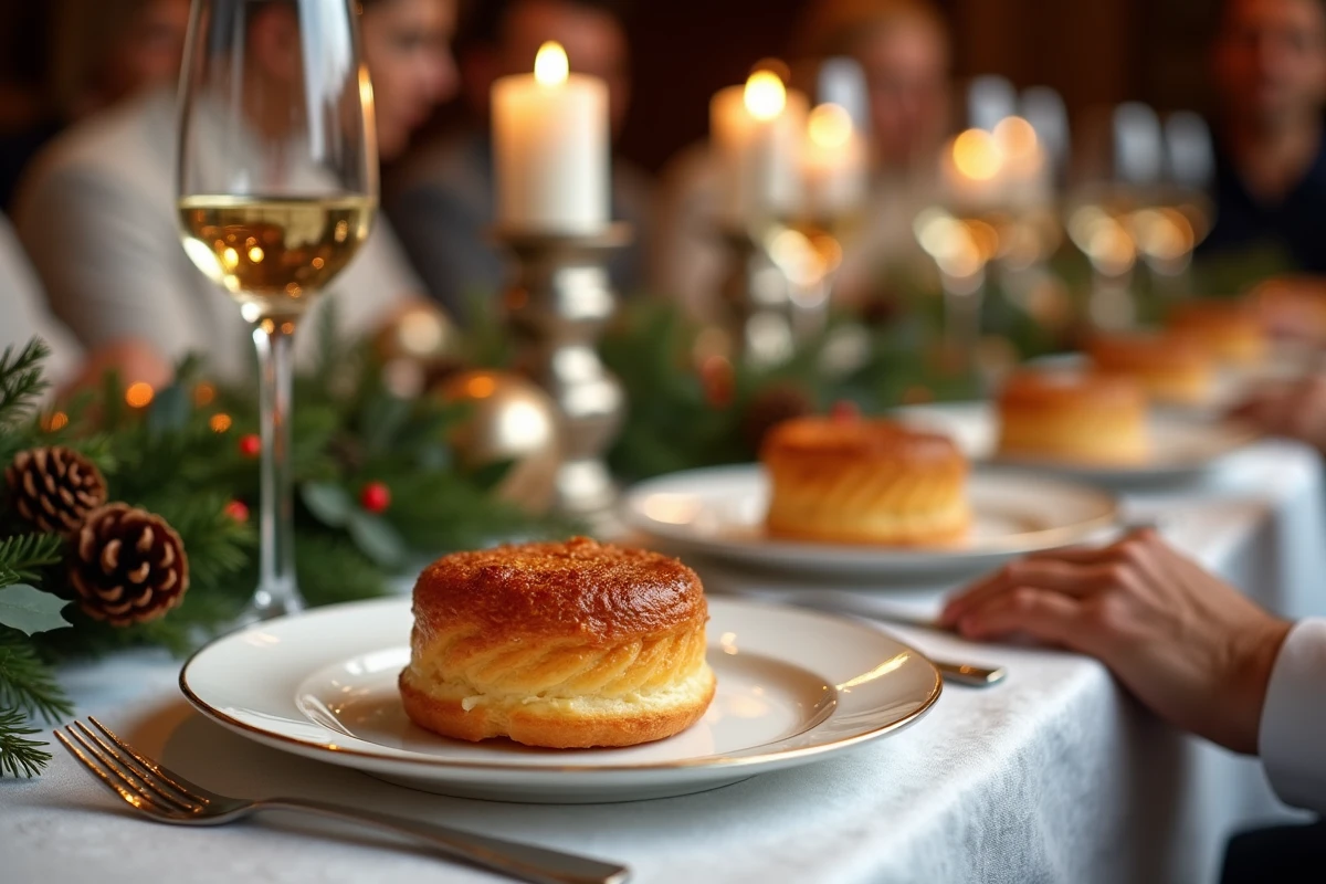 Table de Noël élégante avec des bouchées à la reine en entrée, décorée de houx, pommes de pin et bougeoirs en argent pour un repas festif