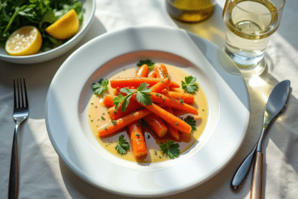 Table en lumière naturelle avec assiette de carottes vichy et vin blanc