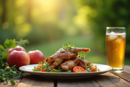 Table rustique avec plat de lapin et cidre gazeux