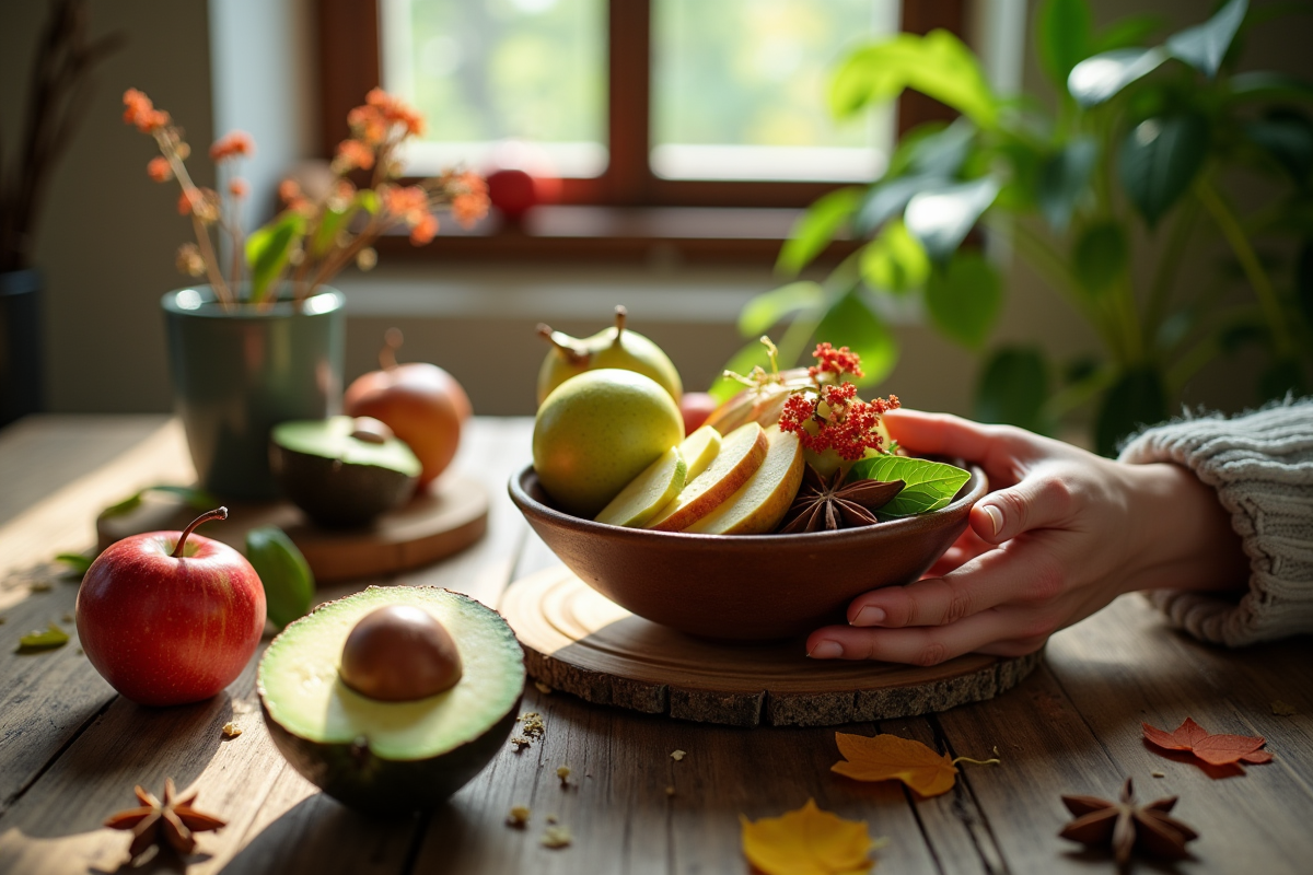 Table rustique avec pommes tranchées et fleurs d