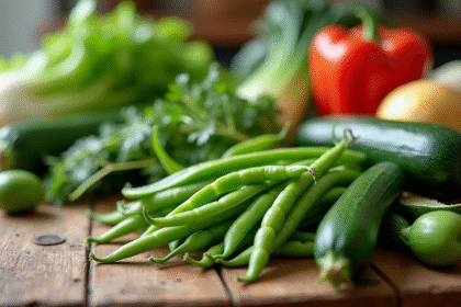 Table en bois avec légumes frais et colorés en pleine lumière