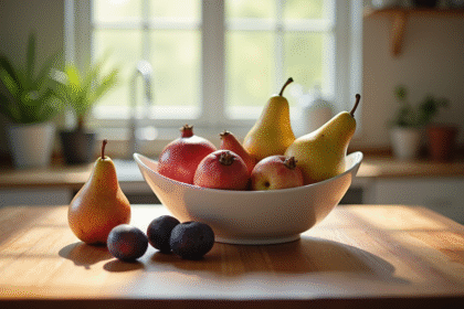 Table en bois avec fruits frais et lumière naturelle