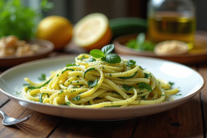 Assiette de tagliatelles de courgette garnie d'herbes et parmesan