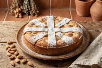 Tarte espagnole aux amandes tarta de Santiago avec motif en croix de sucre glace sur assiette en céramique rustique